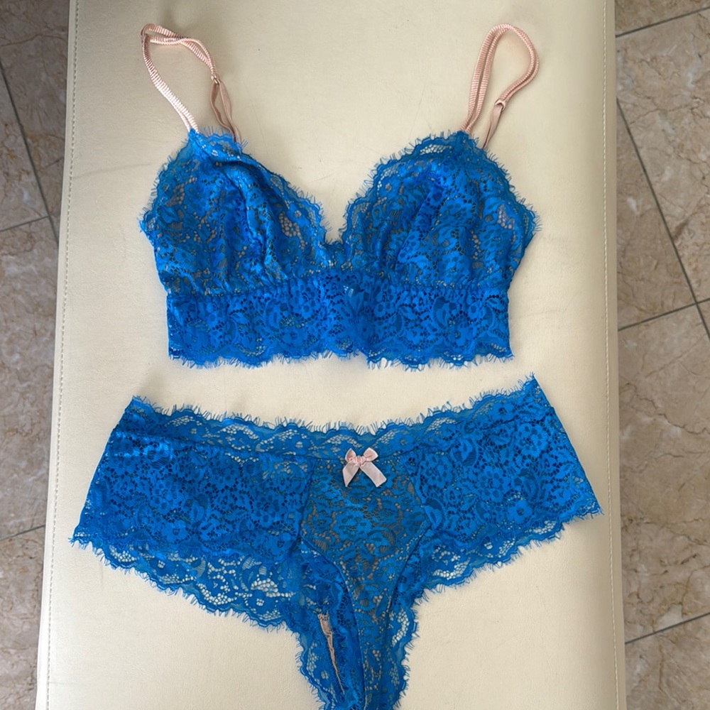 Beverley Lace Bralette and Boy Thong Set - Blue Panty is Medium Bra is Small
